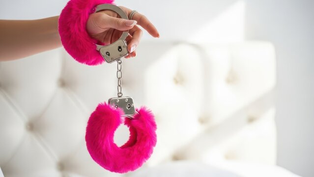 Pink sexy fluffy handcuff on female wrists