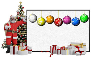 PNG. Trasparente. Illustrazione 3D. Natale. Babbo Natale, e decorazione natalizia. Spazio per testo per auguri, pubblicit&agrave;, regali, di Natale e di capodanno..