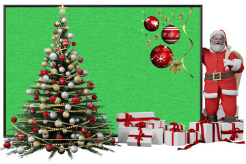 PNG. Trasparente. Illustrazione 3D. Natale. Babbo Natale, e decorazione natalizia. Spazio per testo per auguri, pubblicit&agrave;, regali, di Natale e di capodanno..