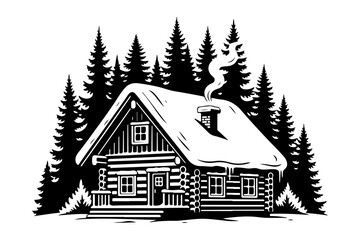 Fototapeta premium Cozy winter log cabin nestled among snow-covered pine trees, with smoke gently rising from the chimney, depicting a serene and peaceful forest scene