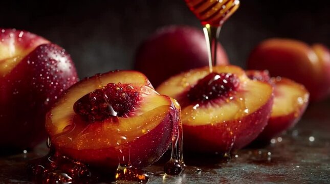 Red peaches and puer hony and dark background ai generative