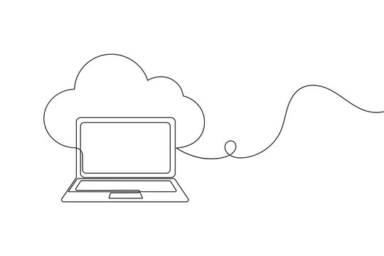 Laptop connected to cloud with continuous line art style.