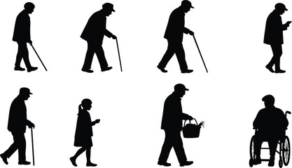 Obraz premium Silhouette of diverse people walking, elderly with cane, child with phone, wheelchair user, mobility, aging, accessibility, lifestyle, urban, outdoor