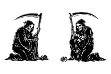 Intricate graphic depictions of the Grim Reaper, personifying death and destiny, kneeling with a scythe, featuring elements of mortality and dark symbolism
