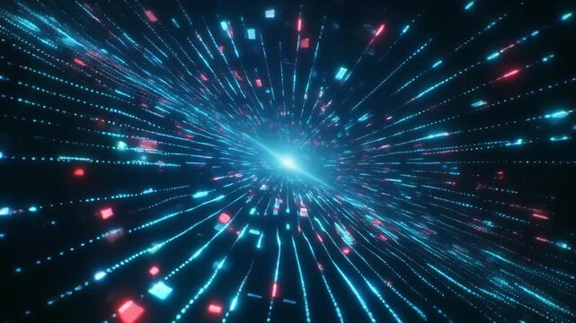 Abstract digital tunnel with blue and red lights radiating from a bright central point