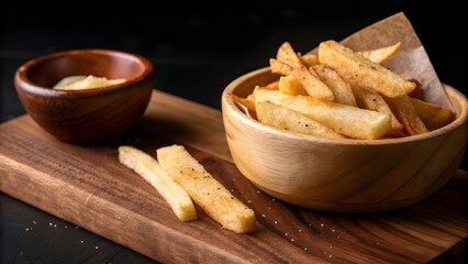 Finger fries served in small wooden bowl on right.