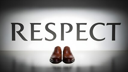 Polished brown shoes beneath bold &ldquo;RESPECT&rdquo; text on white wall&mdash;symbolizing professionalism, dignity, and the value of presentation and character.