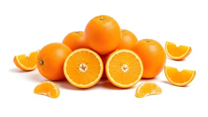 Juicy oranges—whole, halved, and sliced—on white background, showcasing freshness, nutrition, and vibrant citrus appeal for food, health, and culinary themes.