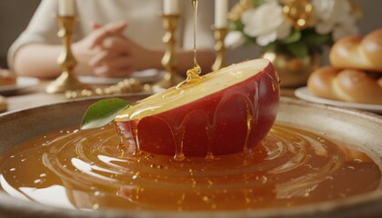 A close view of an apple slice coated in flowing honey capturing the sweetness rich texture and festive culinary symbolism associated with a celebratory food moment