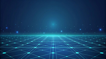 Abstract digital network grid with glowing blue lights and nodes