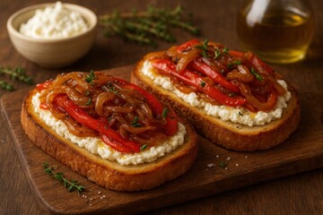 Italian bruschetta slices topped with creamy ricotta, roasted red peppers, and caramelized onions on a rustic wooden board, with olive oil and herbs in the background. Warm and appetizing food composi