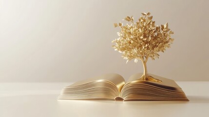 Golden tree in opened book, studio shot, peaceful scene, ideal for education or nature themes