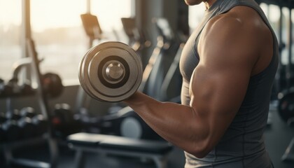 A muscular man lifts a heavy dumbbell in a modern gym surrounded by fitness equipment while warm light highlights his focused training moment and the strength driven workout atmosphere