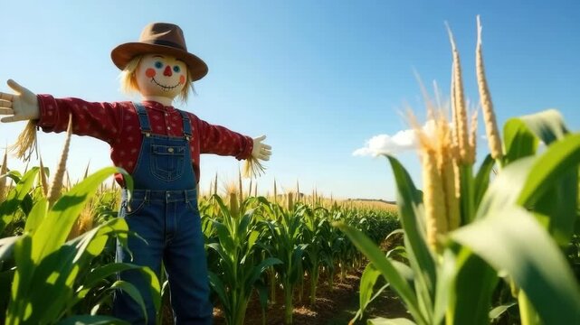 A scarecrow stands in a cornfield under a clear blue sky. The scarecrow wears a brown hat and a red plaid shirt with denim overalls. Corn plants surround it.