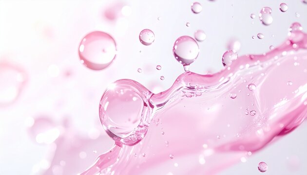 淡いピンクの水飛沫と美容液しずくが描く透明感たっぷりの液体アート ジェネレーティブAI