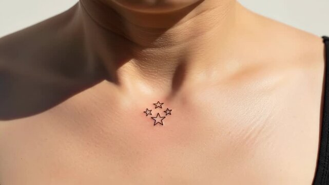 Elegant display of star tattoos on collarbone under sunlit conditions across three frames