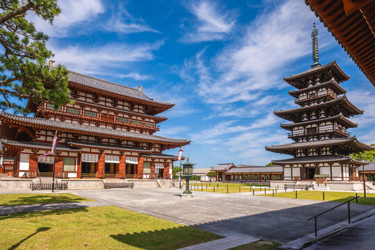 The Golden Hall and East Pagoda of Yakushiji Temple in Nara, Japan.