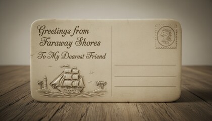 A vintage style postcard featuring an embossed sailing ship beside a lighthouse with elegant lettering conveying warm greetings in a nostalgic maritime inspired design