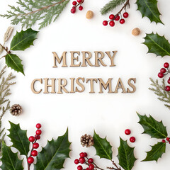 Set of realistic Christmas decorations with frosted pine branches, red berries, and cones isolated on a white background