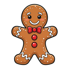 Cute Gingerbread Man Cookie Illustration with Red Bow Tie and Icing Details on White Background
