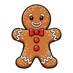 Cute Gingerbread Man Cookie Illustration with Red Bow Tie and Icing Details on White Background
