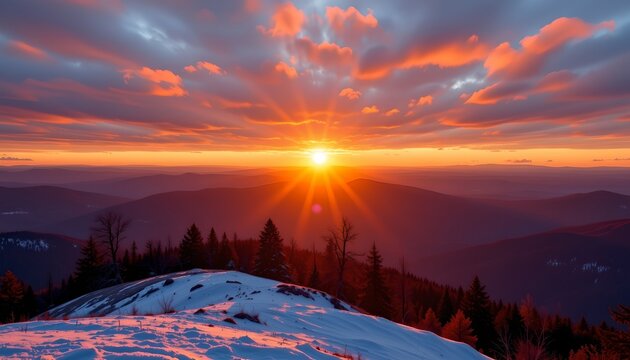 A breathtaking sunset over a mountain range. The sky is a vibrant canvas of colors ranging from warm orange hues to deep reds, with the sun casting its golden glow on the peaks