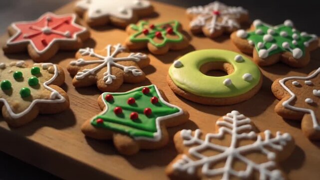 Assortment of Decorated Christmas Gingerbread Cookies on a Wooden Board, Festive Holiday Treats