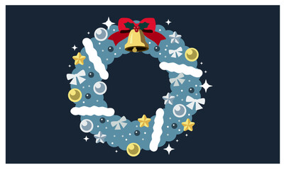 クリスマスリースのイラスト素材。ベルやリボンなど装飾がついているリース