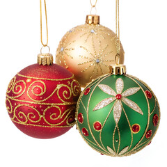 three Christmas balls on white background