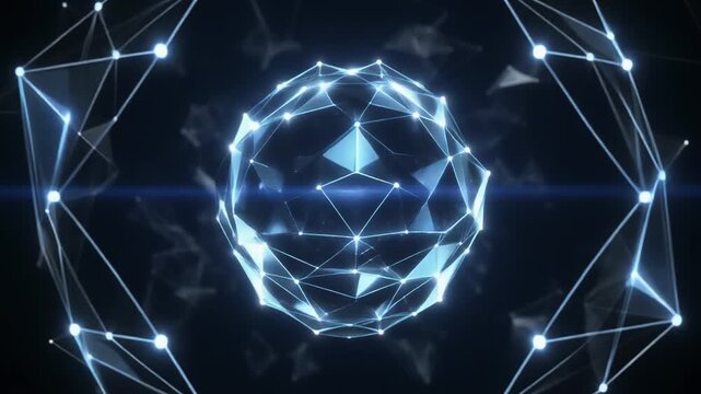 Geometric blue sphere with connected dots on black background, glowing with linear structures