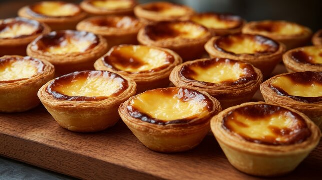 Warm portuguese pastei de belem custard tarts with flaky pastry and caramelized tops on a wooden server - Powered by Adobe