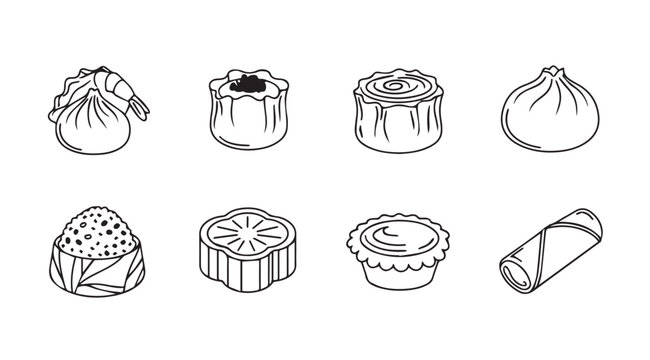 Hand drawn sketch icons of popular asian dumplings and dim sum dishes artistic food collection vector