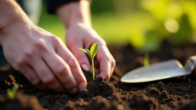 Hands planting a small green seedling in rich brown soil. A gardening trowel is nearby. The scene represents gardening and sustainable practices.