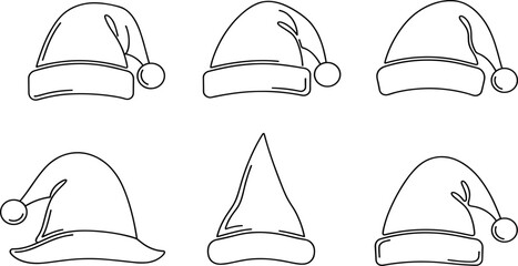 Vector Collection of Six Minimalist Outline Santa Hats in Different Shapes, Ideal for Christmas, Winter Holidays, Seasonal Events, Festive Decoration, and Line Art Graphics.