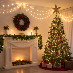 Decorated Christmas tree with gifts at its base, sitting on a rug in front of a white wall 