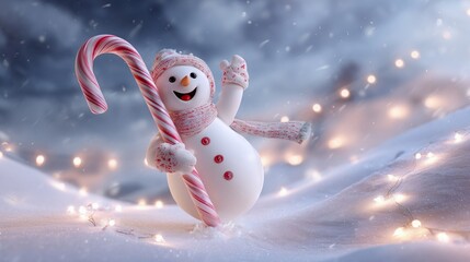 Cheerful snowman holding candy cane and waving hand in winter night snow