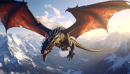 A dragon soaring high over snowy mountains, wings spread, basking in golden sunlight