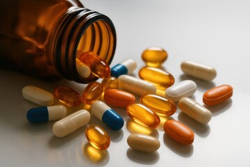 colorful pills and capsules scattered across a glossy pink reflective surface under intense studio lighting. Pharmaceutical soft gels, tablets, and capsules arranged artistically