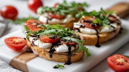 Mozzarella with balsamic drizzle and arugula on a white marble board.