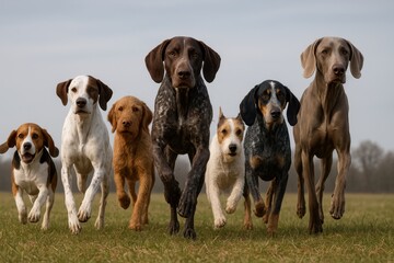 A wide-angle, low-perspective shot captures seven hunting dogs running in perfect alignment across an open grassy field, showcasing their power, motion, and natural harmony under neutral daylight.