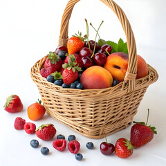 Basket of fresh fruits and vegetables on white background, ideal for organic market ads, healthy lifestyle blogs, diet plans