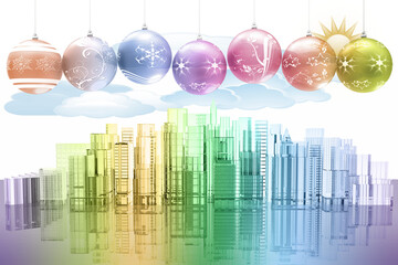 PNG. Trasparente. Decorazione di Natale con sullo sfondo skyline di città con palazzi e grattacieli. Sole con nuvole sullo sfondo..