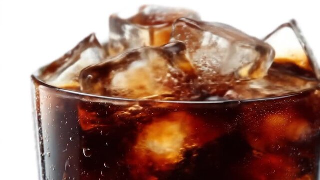 Close-up glass of dark cola with ice cubes, glossy condensation and rich caramel colors, refreshing