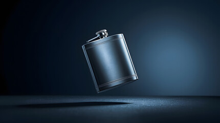 Elegant Flask in the Spotlight: A sleek metal flask levitates, bathed in a refined ambiance.
