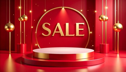 Bold, minimal product or promotion stage featuring a large, gold SALE typography floating above a circular red podium, surrounded by gift boxes in a rich geometric setting