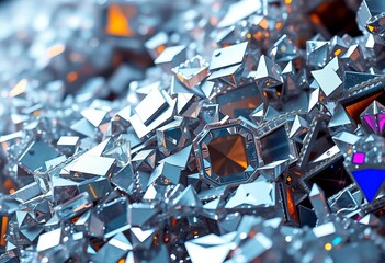 Intricate, sharp, metallic crystal shards reflecting light,  science,  lines