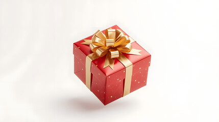 Obraz premium Gift Box Presentation: A solitary gift box, resplendent in crimson and adorned with a golden bow, evokes feelings of anticipation and the spirit of giving.
