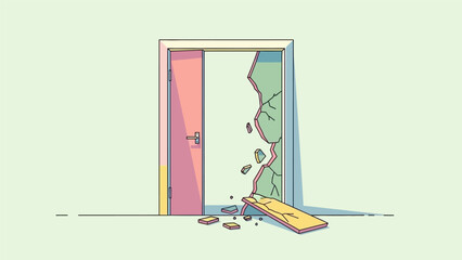 Broken door with debris and a wooden plank on the floor.