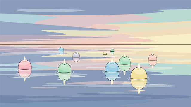 Colorful fishing floats bobbing gently on the water surface.