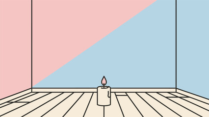 A single lit candle stands in an empty room.